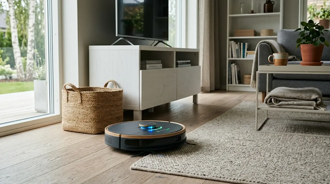 Robotdammsugare på trägolvet i ett ljust vardagsrum med skandinavisk inredning.
