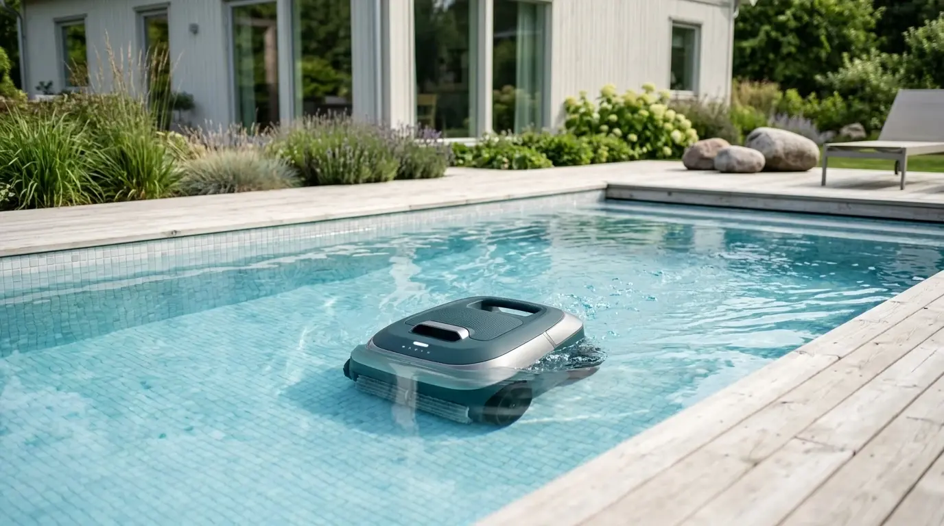 Trådlös poolrobot på bottnen i en pool utan slang eller kabel.