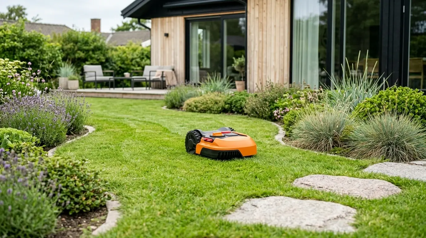 Orange robotgräsklippare på gräsmattan vid en gång av trampstenar.