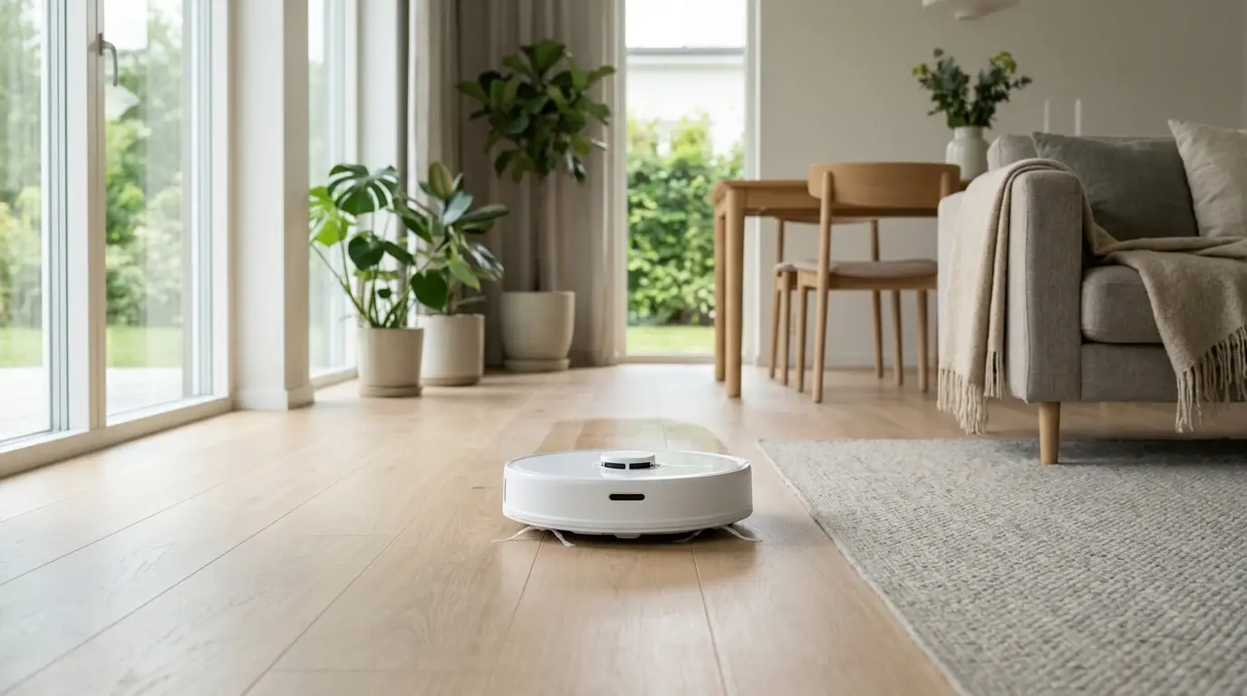 Vit robotdammsugare på trägolvet i ett ljust vardagsrum med fönster mot trädgården.