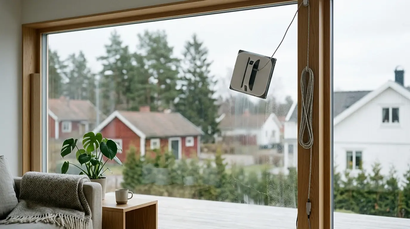 Fönsterputsrobot på en fönsterruta med säkerhetslina, med en svensk trädgård utanför.
