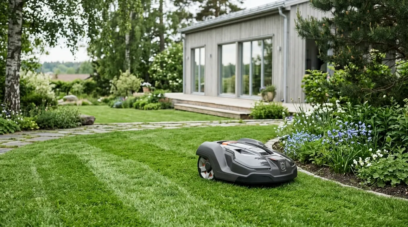 Robotgräsklippare på en randigt klippt gräsmatta framför ett modernt trähus.
