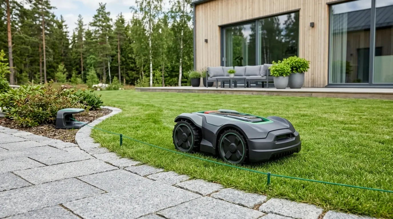 Robotgräsklippare intill en nedlagd begränsningskabel längs en stenlagd gång.