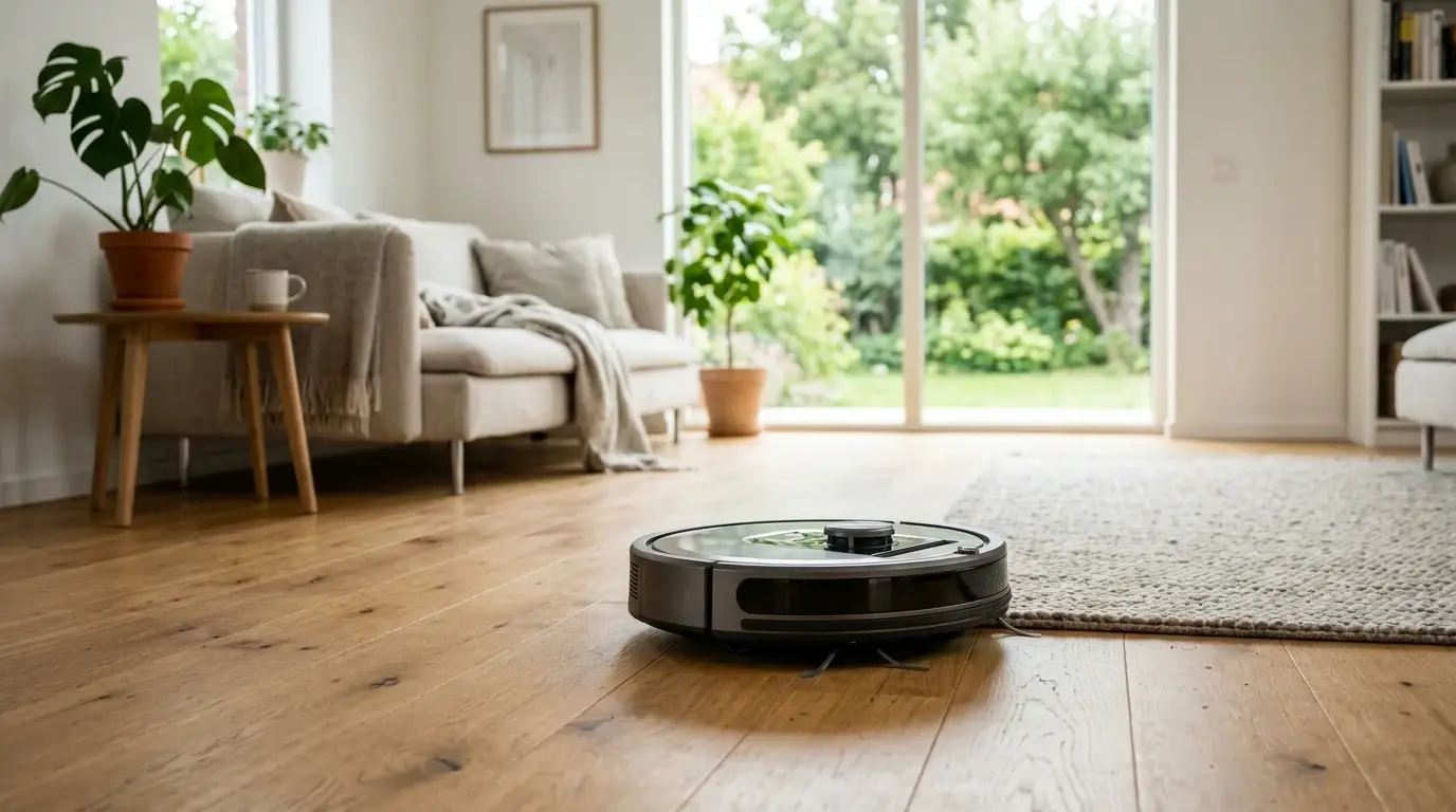Robotdammsugare på trägolvet i ett vardagsrum, på väg in mot mattan.