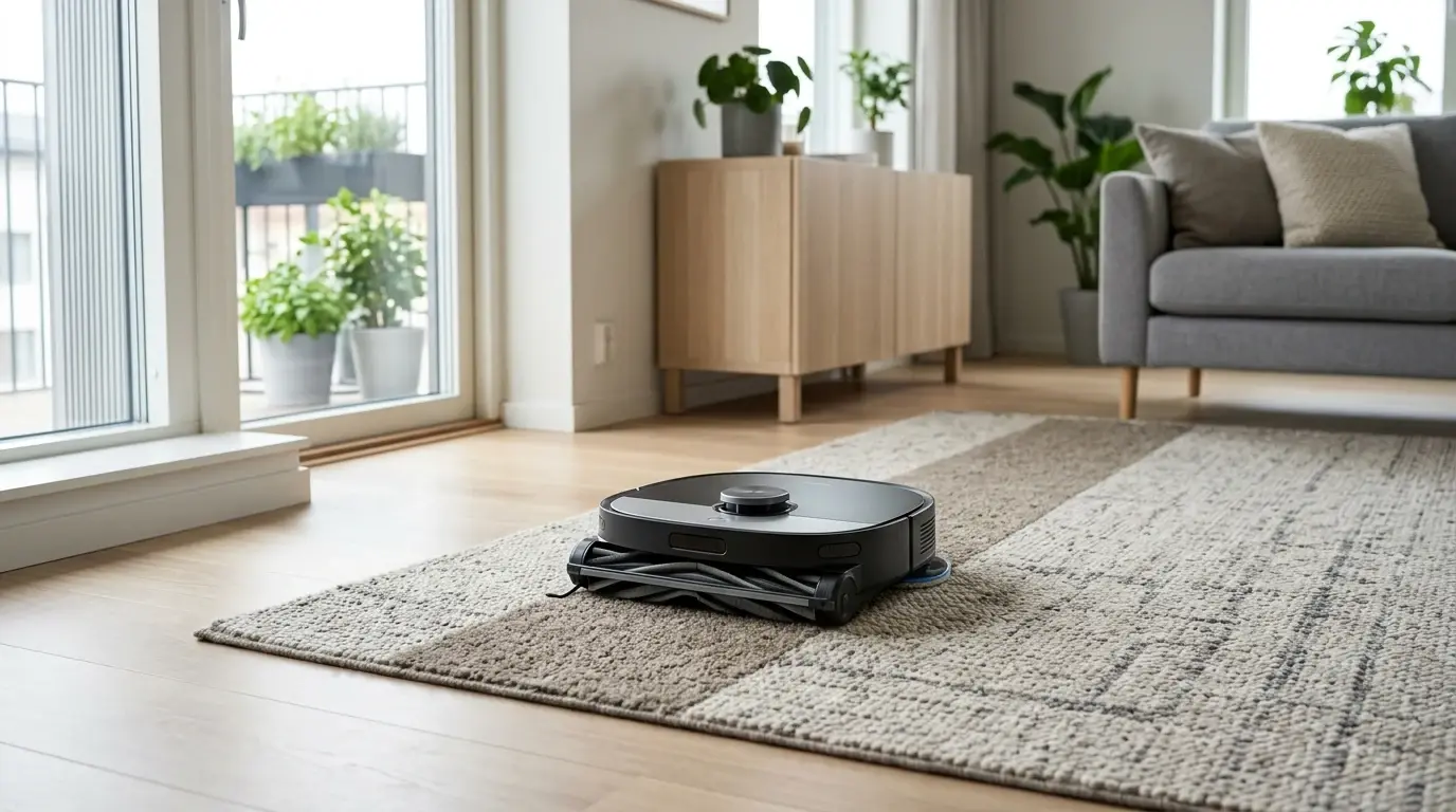 Robotdammsugare som kör upp från trägolv på en tjock matta.