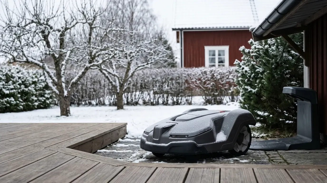 Robotgräsklippare uppställd på ett trädäck framför en snötäckt trädgård.