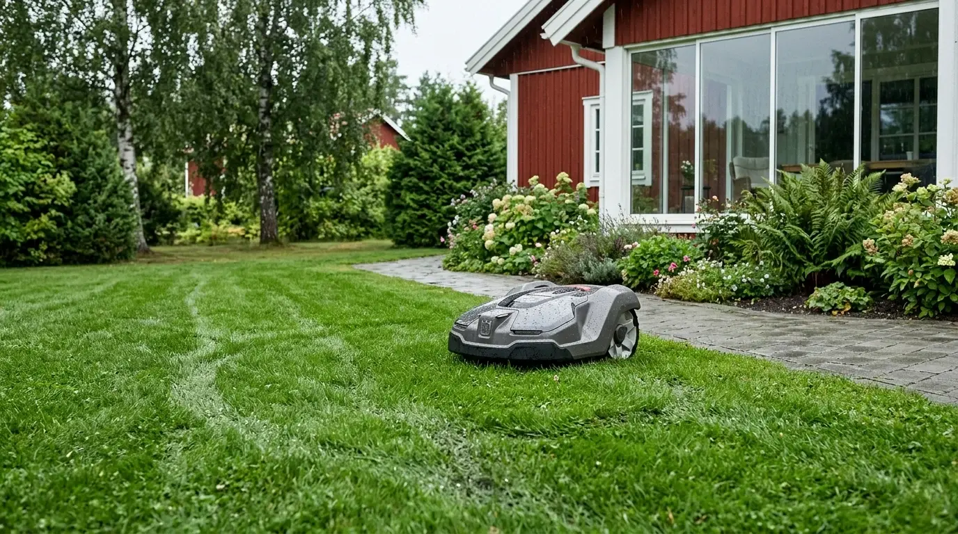 Robotgräsklippare på en blöt gräsmatta framför ett rött trähus.